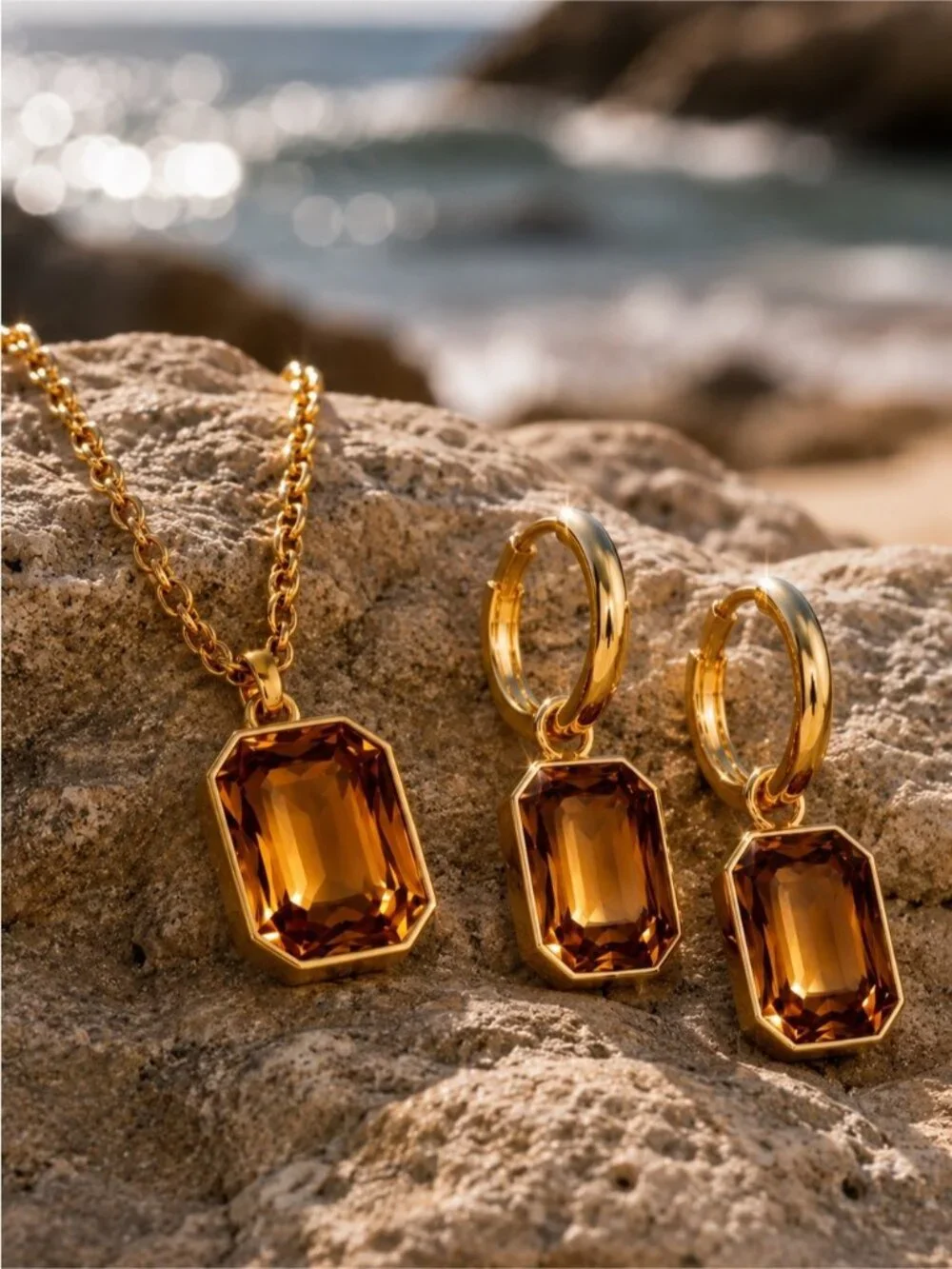 Gold-Tone Necklace and Earrings with Amber Stones